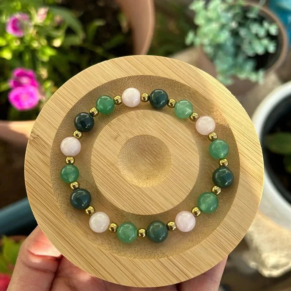 💚🩷Handmade Moss agate + green aventurine + rose quartz + hematite bracelet